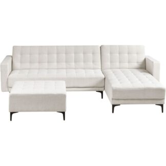 Modular Corner Sofa Bed 4 Seater ABERDEEN Fabric Off-White with Ottoman Left Hand