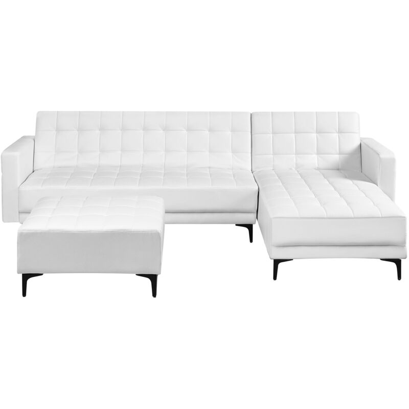 Modular Corner Sofa Bed 4 Seater ABERDEEN Faux Leather White with Ottoman Left Hand