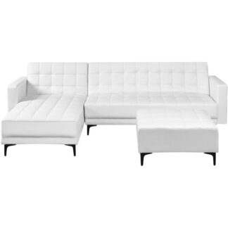 Modular Corner Sofa Bed 4 Seater ABERDEEN Faux Leather White with Ottoman Right Hand